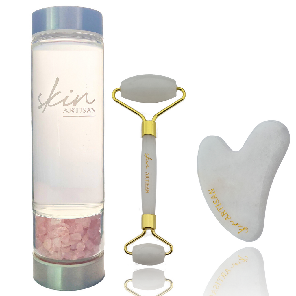 Crystal Water Bottle + Face Roller + Gua Sha